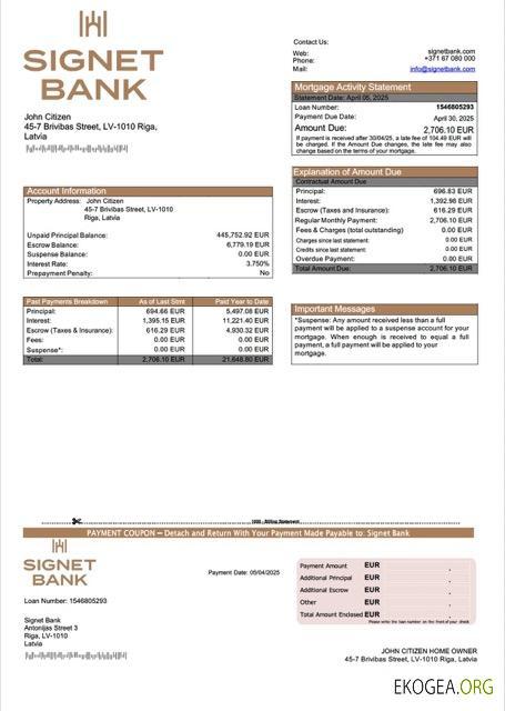 Modèle Word et PDF de relevé hypothécaire de la Lettonie Signet Bank